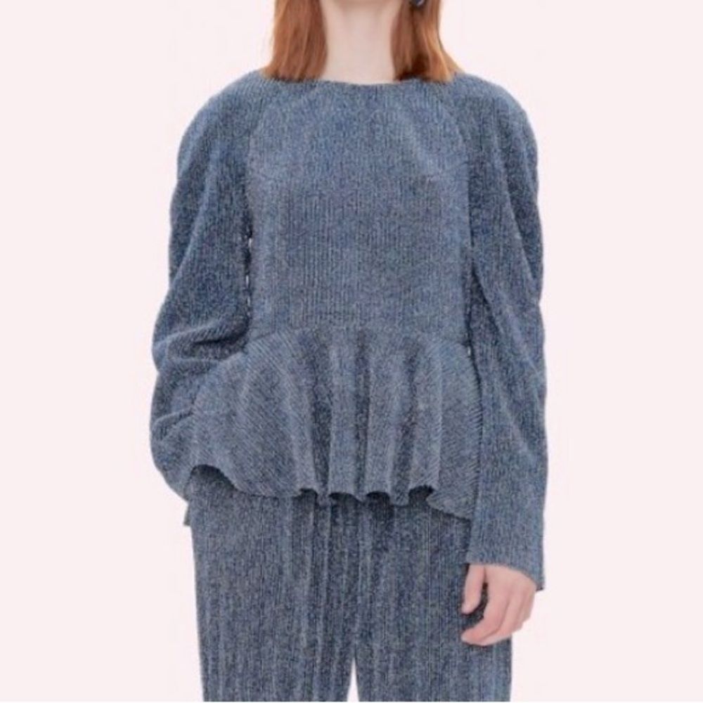 STINE GOYA Blue Shimmer Puff Sleeve Textured Blouse